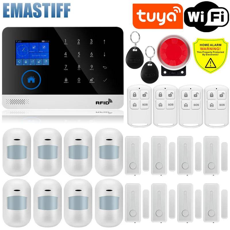 Wireless Tuya APP SIM GSM Home RFID Burglar Security LCD Touch Keyboard WIFI GSM Alarm System Sensor kit Russian,Spanish Voice - Property & Safety Tradings