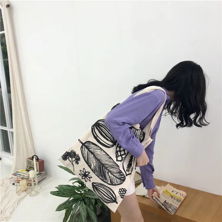 Women Canvas Shoulder Bag Leaf Print Ladies Large Shopping Bags Eco Cotton Linen Cloth Big Handbag Cute Books Tote For Girls - PST PS Tradings