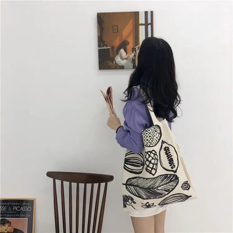 Women Canvas Shoulder Bag Leaf Print Ladies Large Shopping Bags Eco Cotton Linen Cloth Big Handbag Cute Books Tote For Girls - PST PS Tradings