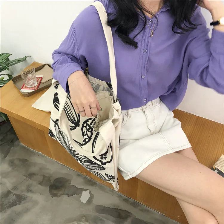 Women Canvas Shoulder Bag Leaf Print Ladies Large Shopping Bags Eco Cotton Linen Cloth Big Handbag Cute Books Tote For Girls - PST PS Tradings