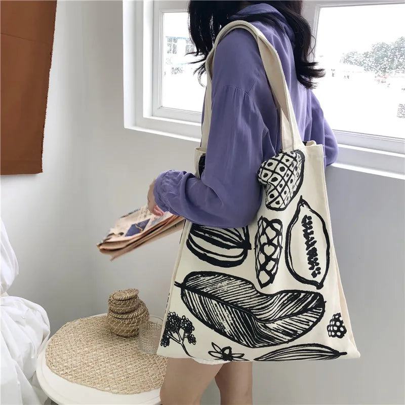 Women Canvas Shoulder Bag Leaf Print Ladies Large Shopping Bags Eco Cotton Linen Cloth Big Handbag Cute Books Tote For Girls - PST PS Tradings