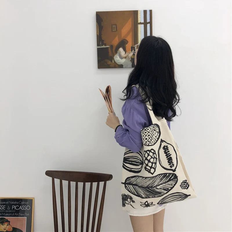 Women Canvas Shoulder Bag Leaf Print Ladies Large Shopping Bags Eco Cotton Linen Cloth Big Handbag Cute Books Tote For Girls - PST PS Tradings