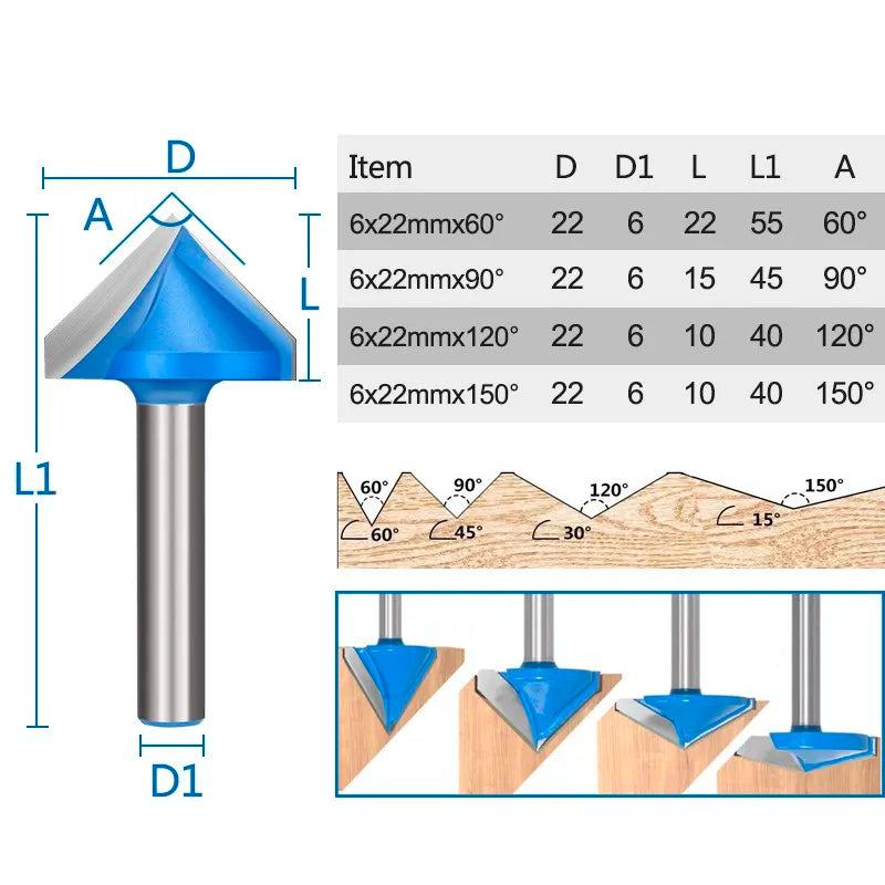 XCAN 1pc 6x22mm 60/90/120/150 Degrees V shape Milling Cutter CNC Engraving Bits Wood Router Bits Wood Milling Trimming 3D Cutter