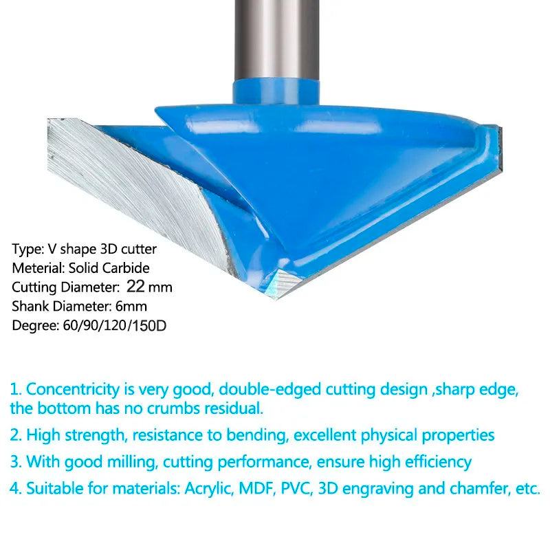 XCAN 1pc 6x22mm 60/90/120/150 Degrees V shape Milling Cutter CNC Engraving Bits Wood Router Bits Wood Milling Trimming 3D Cutter