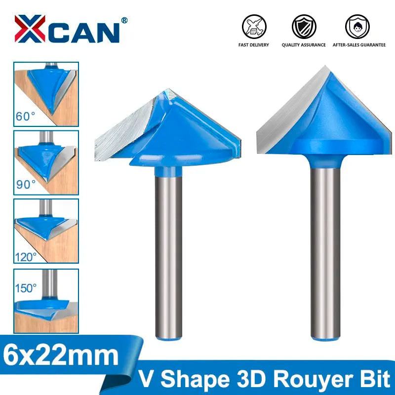 XCAN 1pc 6x22mm 60/90/120/150 Degrees V shape Milling Cutter CNC Engraving Bits Wood Router Bits Wood Milling Trimming 3D Cutter