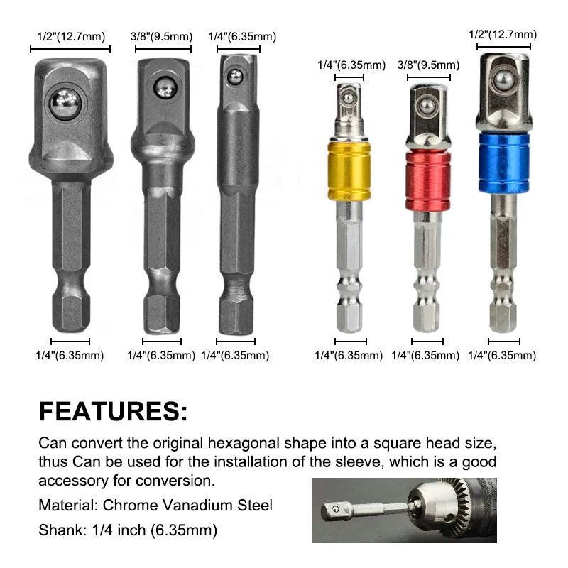 XCAN 3pcs 1/4 "3/8" 1/2 " Socket Adapter Hex Shank Drill bits Extension Rod Power Tool Accessories Impact Drill Socket Adapter