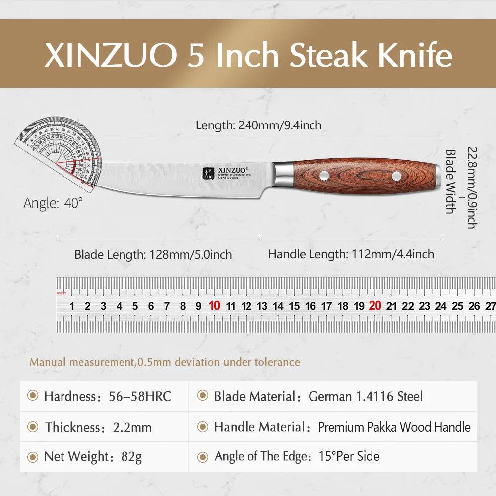 XINZUO 1/4 PCS 5'' Steak Knives DIN 1.4116 Stainless Steel Kitchen Knife Set High Carbon Steel Tableware Cutter Tools Pakkawood - Property & Safety Tradings